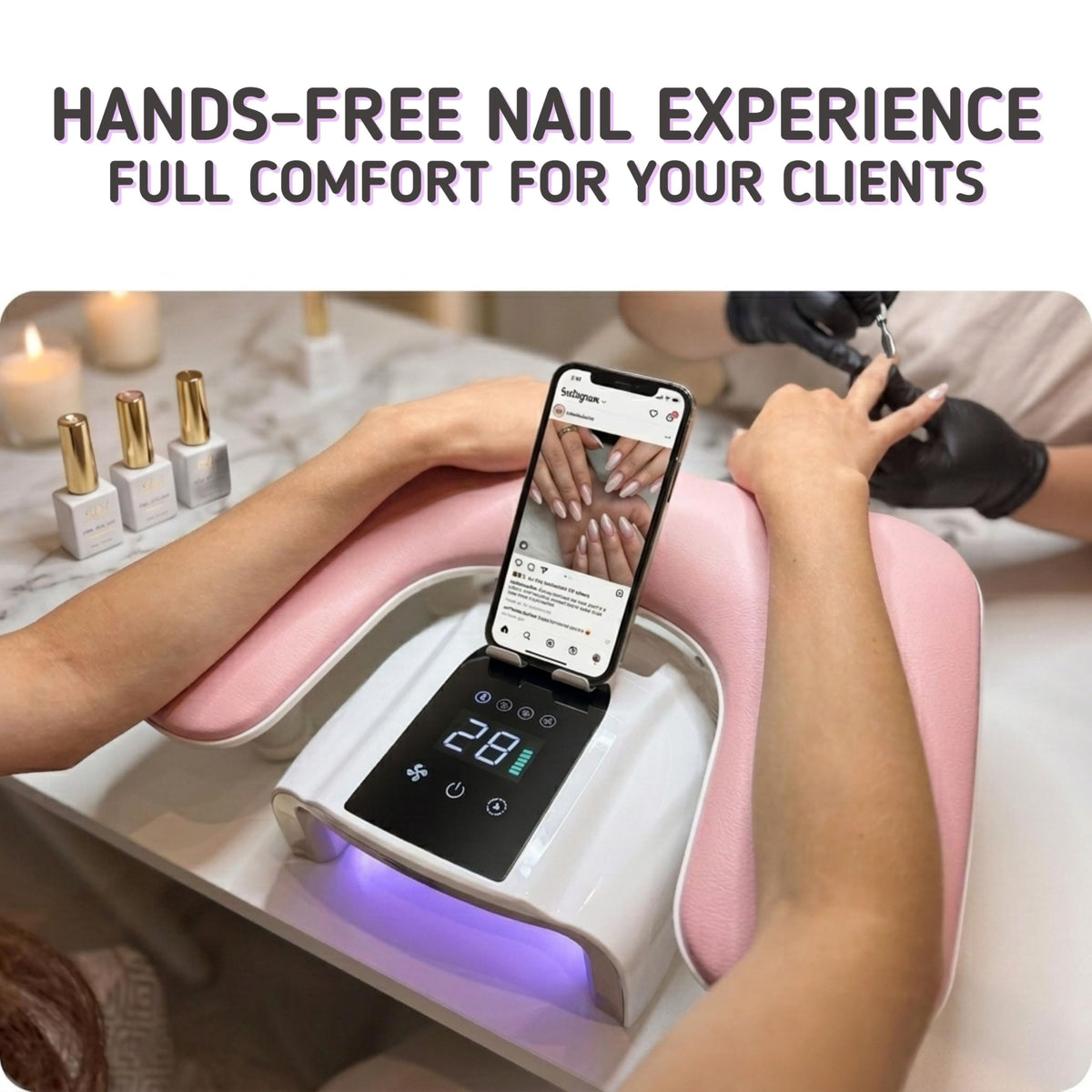 Sorreni arm rest mounted on a salon table showing non-slip base and stable use