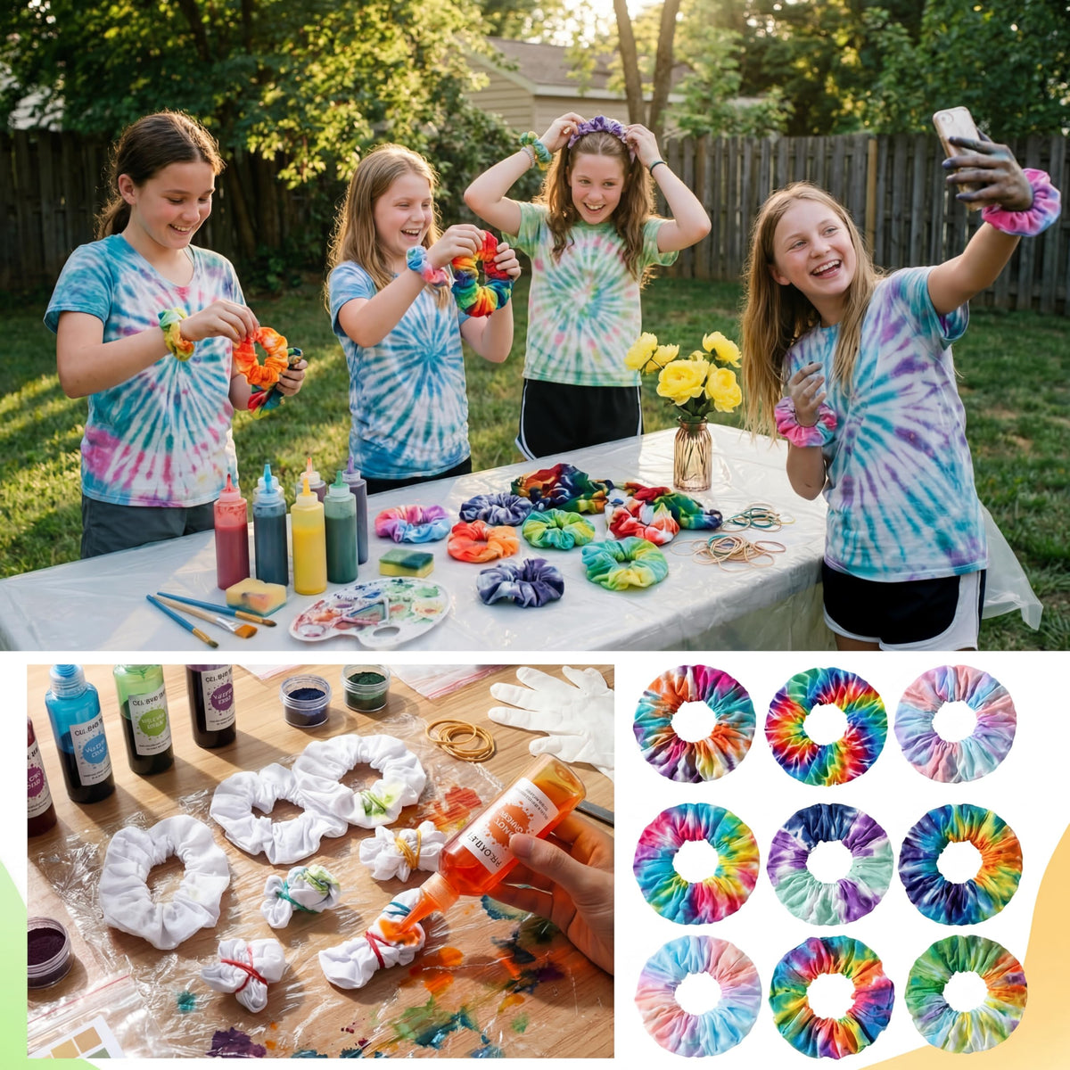 Sosation tie-dye session using scrunchies and bands highlighting creative, colorful results