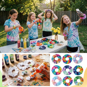 Sosation tie-dye session using scrunchies and bands highlighting creative, colorful results
