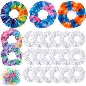 Sosation front packaging showing 30 white scrunchies and 100 rubber bands, ideal for tie-dye