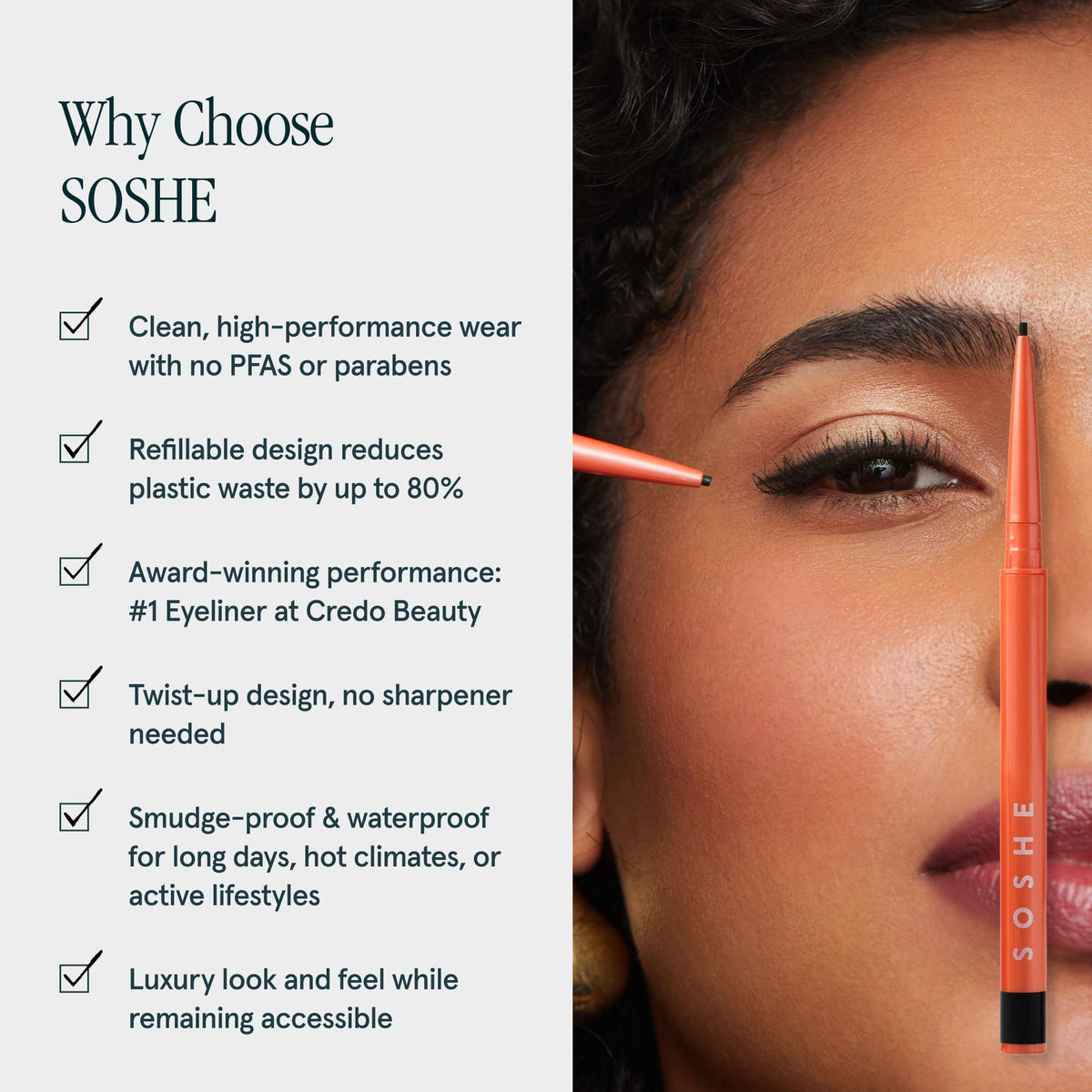 SOSHE Checkmate applied along lash line illustrating controlled, smudge-resistant finish