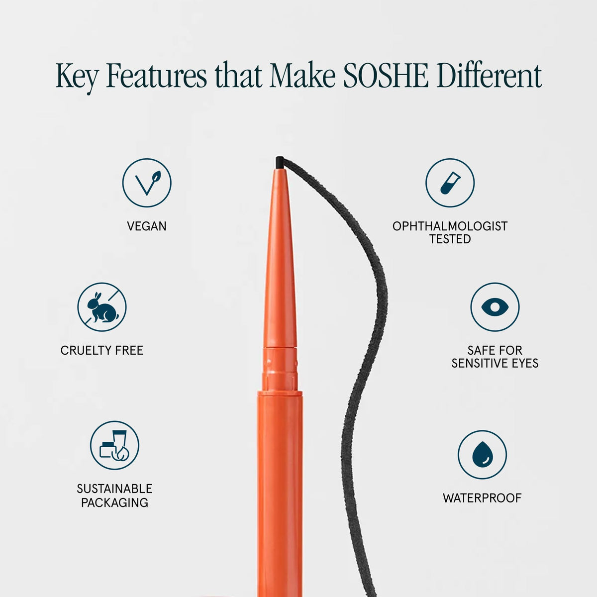 SOSHE product label with Leaping Bunny and clean-beauty icons, certification trust benefit