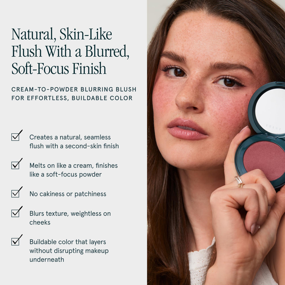SOSHE cream-to-powder texture close-up illustrating smooth blendability benefit