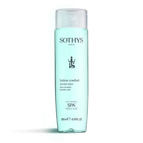 SOTHYS front bottle of Comfort Lotion showing clear label and elegant packaging benefit soothing