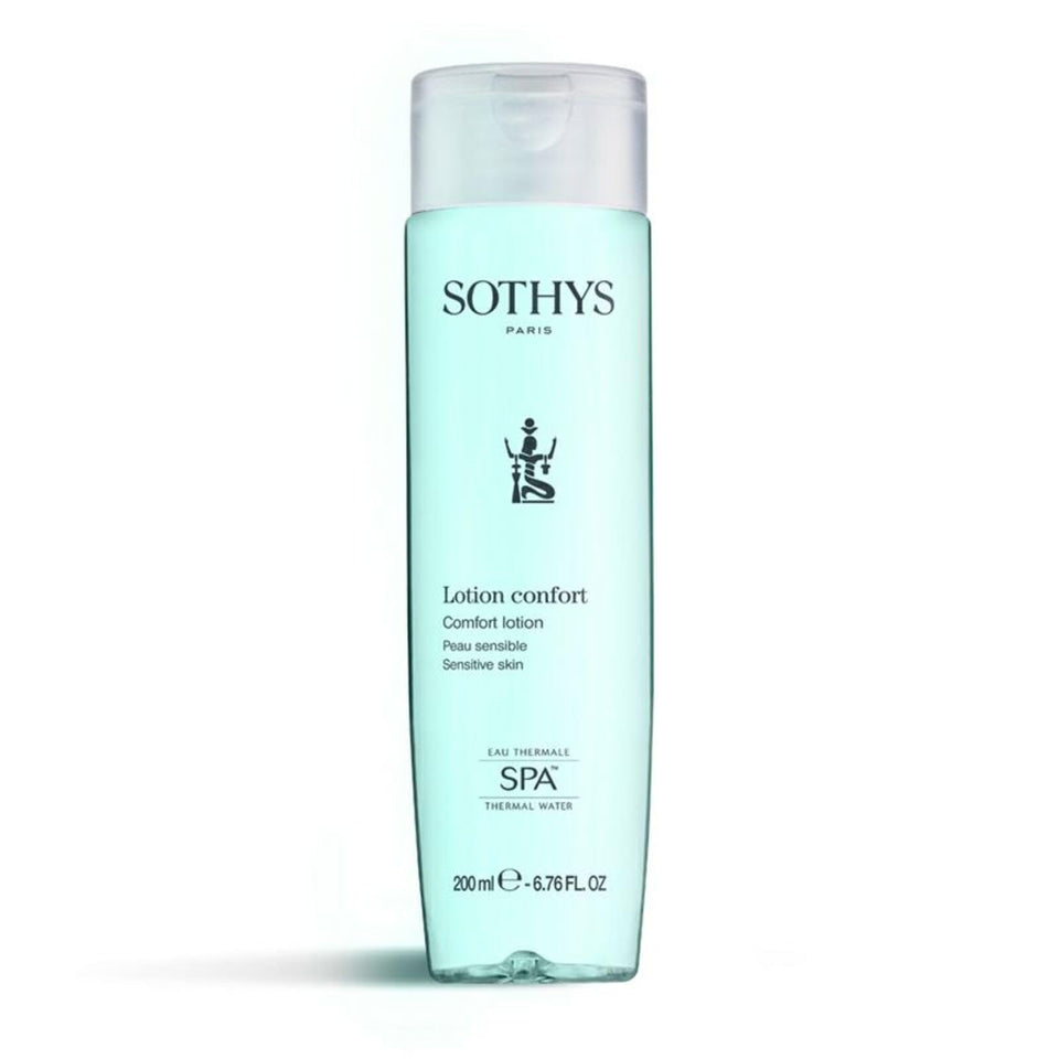 SOTHYS front bottle of Comfort Lotion showing clear label and elegant packaging benefit soothing