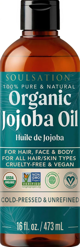 SOULSATION bottle front view showing organic jojoba oil and certifications for pure hydration