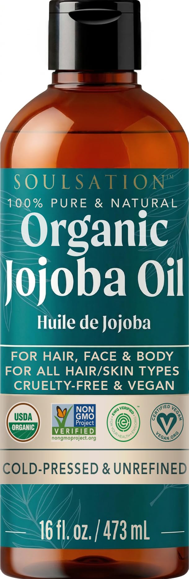 SOULSATION bottle front view showing organic jojoba oil and certifications for pure hydration