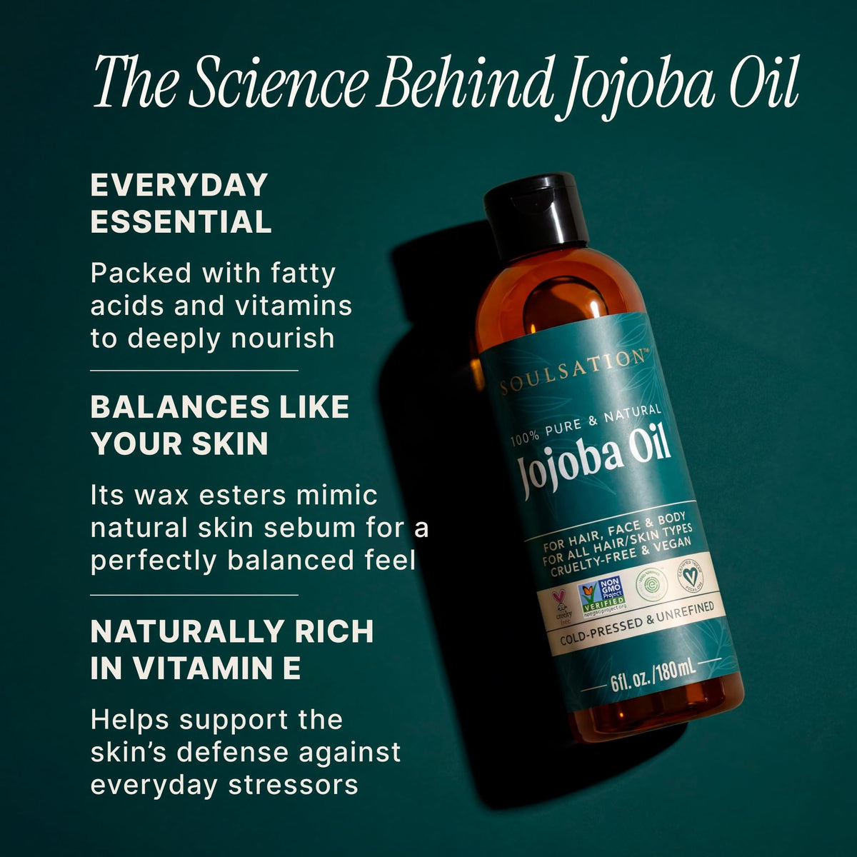 SOULSATION pouring jojoba oil into palm demonstrating smooth spreadability benefit