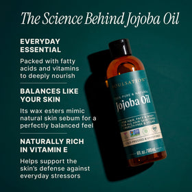 SOULSATION pouring jojoba oil into palm demonstrating smooth spreadability benefit