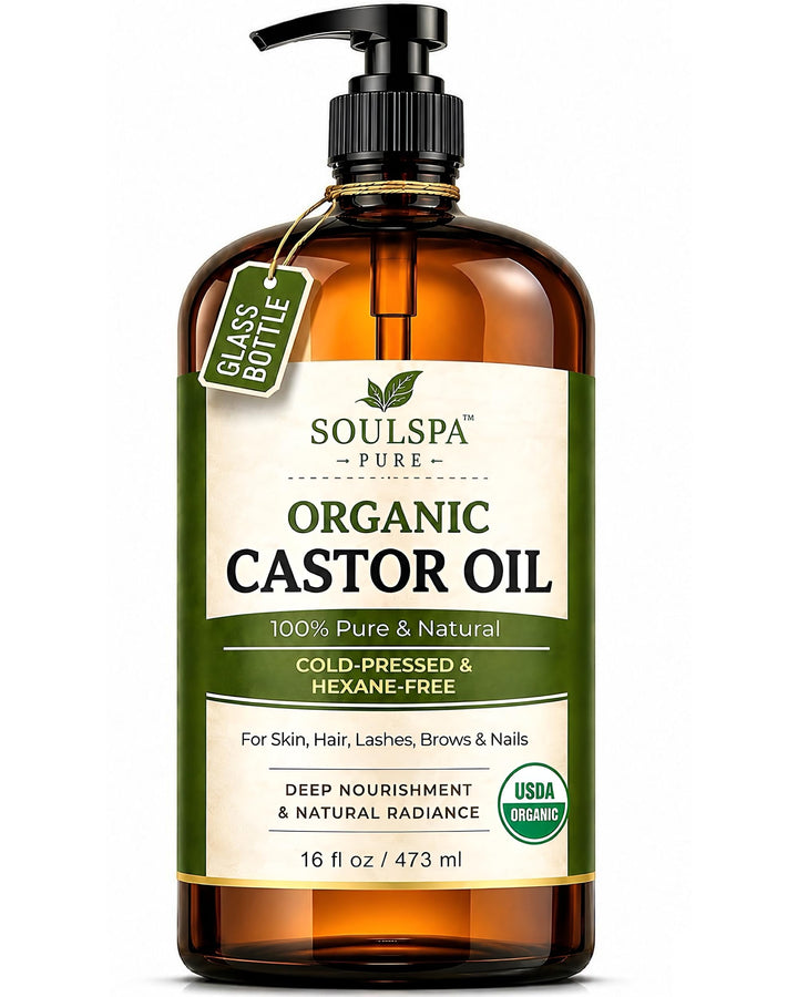SOULSPA PURE amber bottle front view showing organic castor oil packaging and capacity benefit