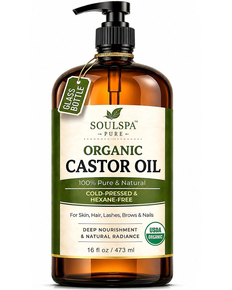 SOULSPA PURE amber bottle front view showing organic castor oil packaging and capacity benefit