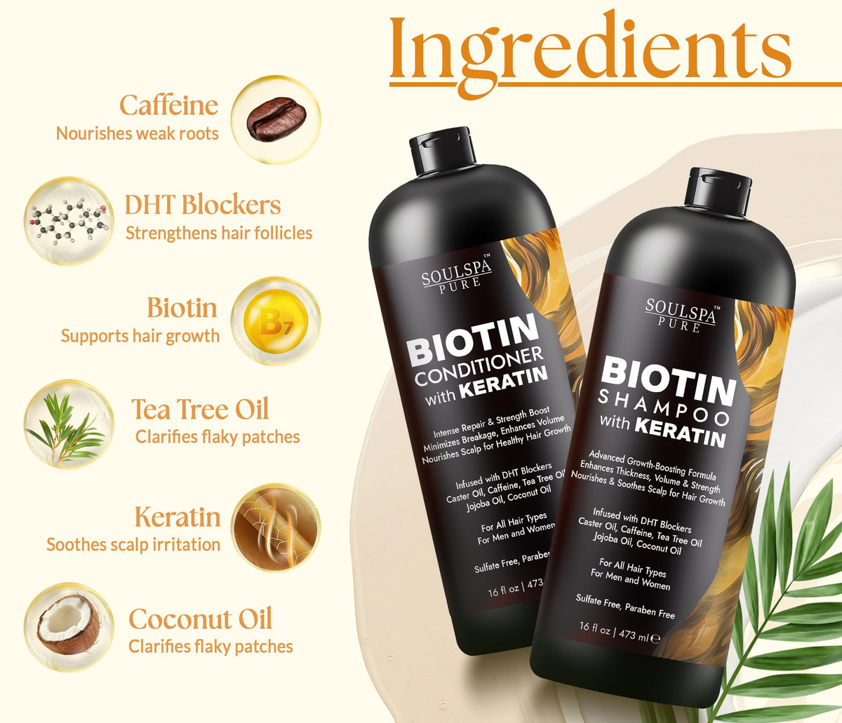 SOULSPA PURE label close-up highlighting biotin keratin and DHT blockers