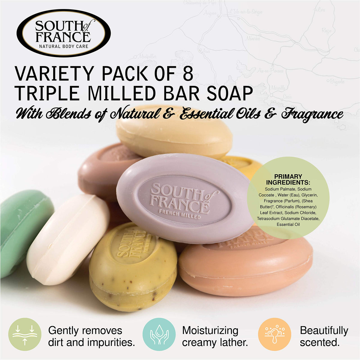 South Of France close-up texture of triple milled soap showing creamy lather