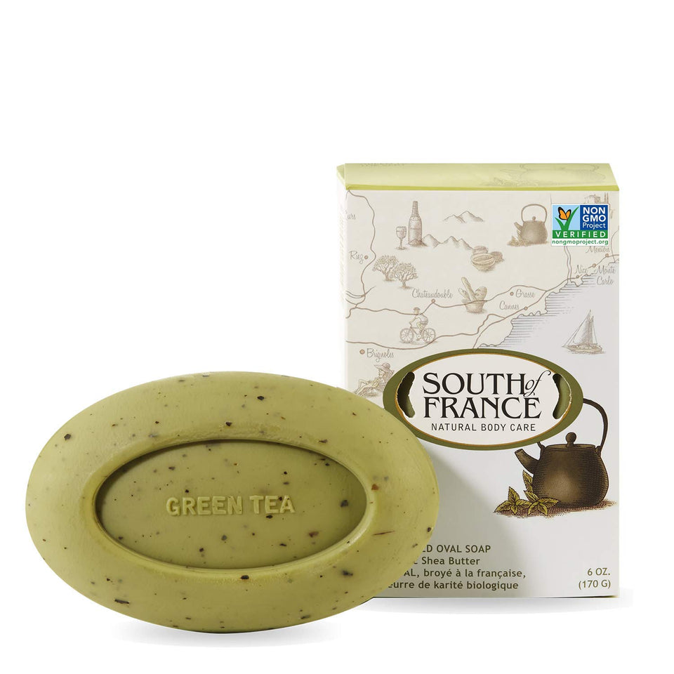 South Of France front packaging showing four green tea bars, clean scent and long-lasting benefit