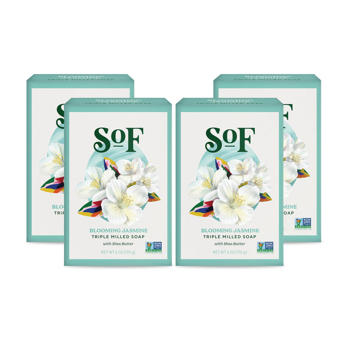 South Of France front packaging showing four jasmine-scented bars and benefits