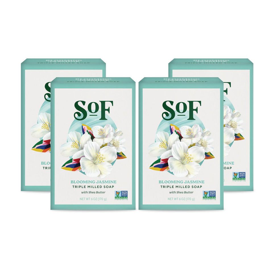 South Of France front packaging showing four jasmine-scented bars and benefits