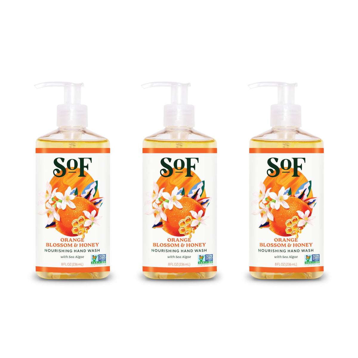 South Of France front pack of three 8 oz bottles showing label and pumps, convenient refill supply