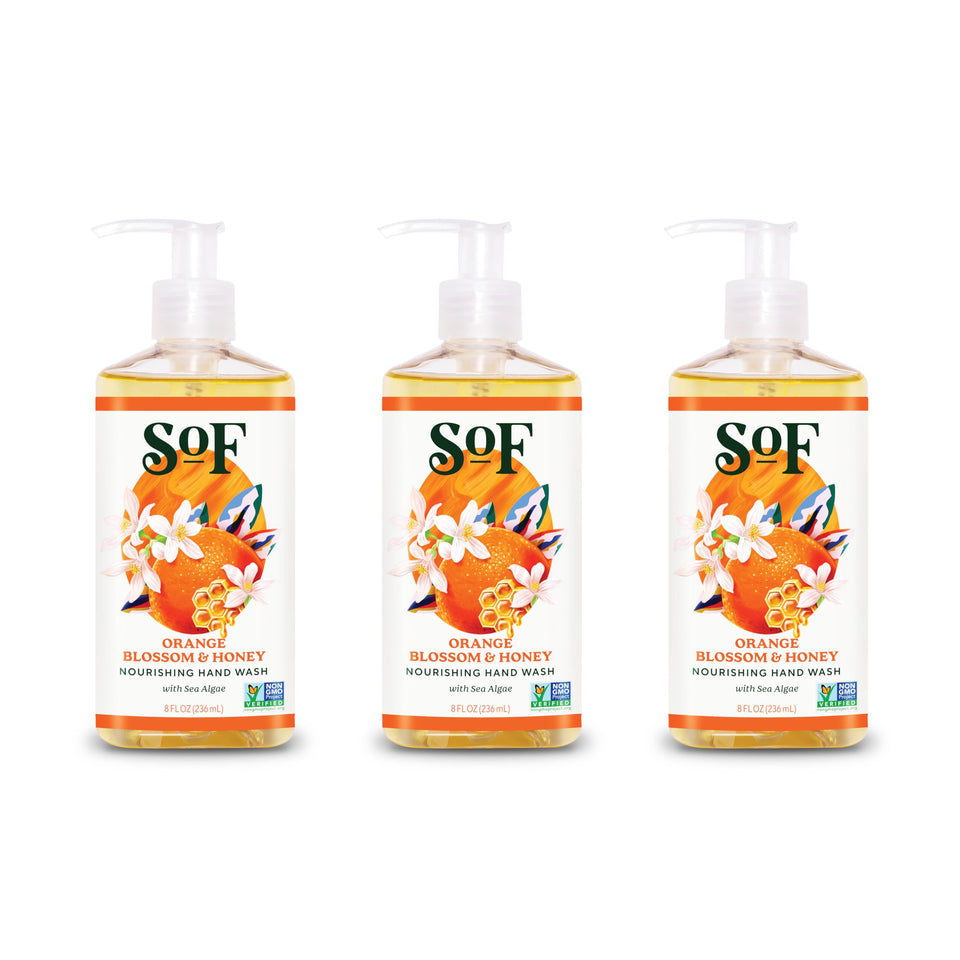 South Of France front pack of three 8 oz bottles showing label and pumps, convenient refill supply