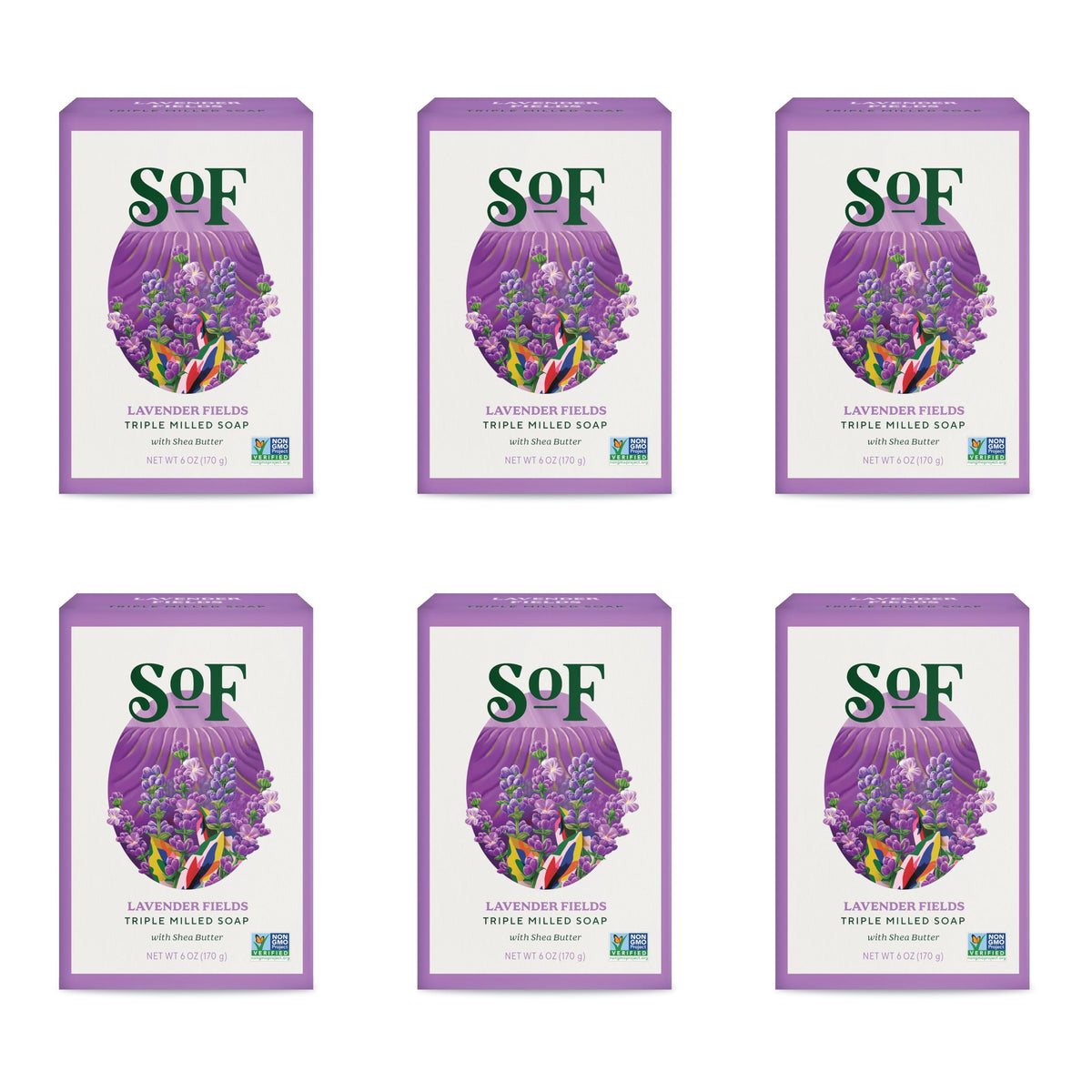 South Of France front packaging showing six lavender bars and benefits