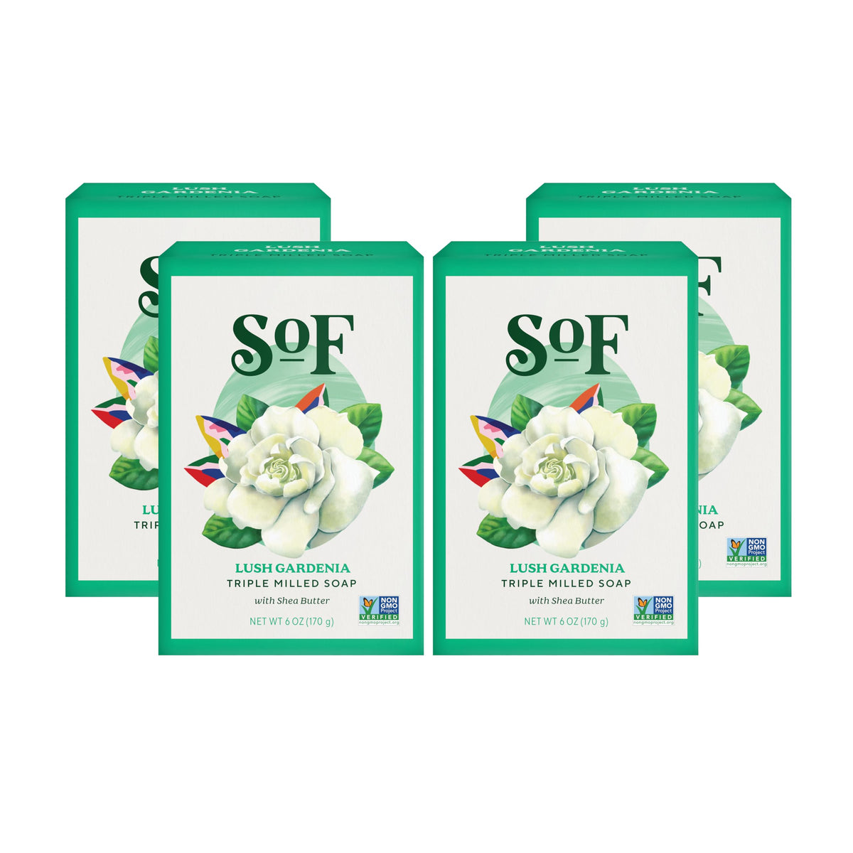 South Of France front packaging showing four gardenia bars and brand benefits