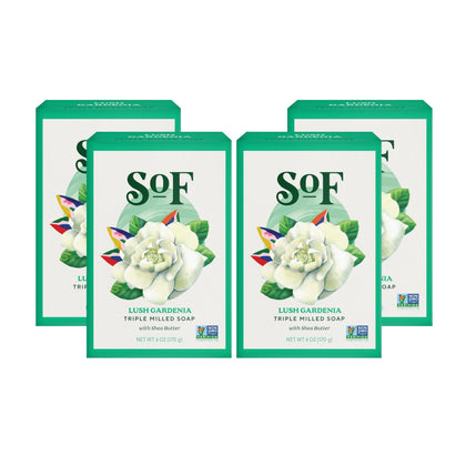 South Of France front packaging showing four gardenia bars and brand benefits