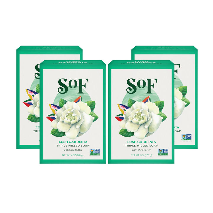 South Of France front packaging showing four gardenia bars and brand benefits