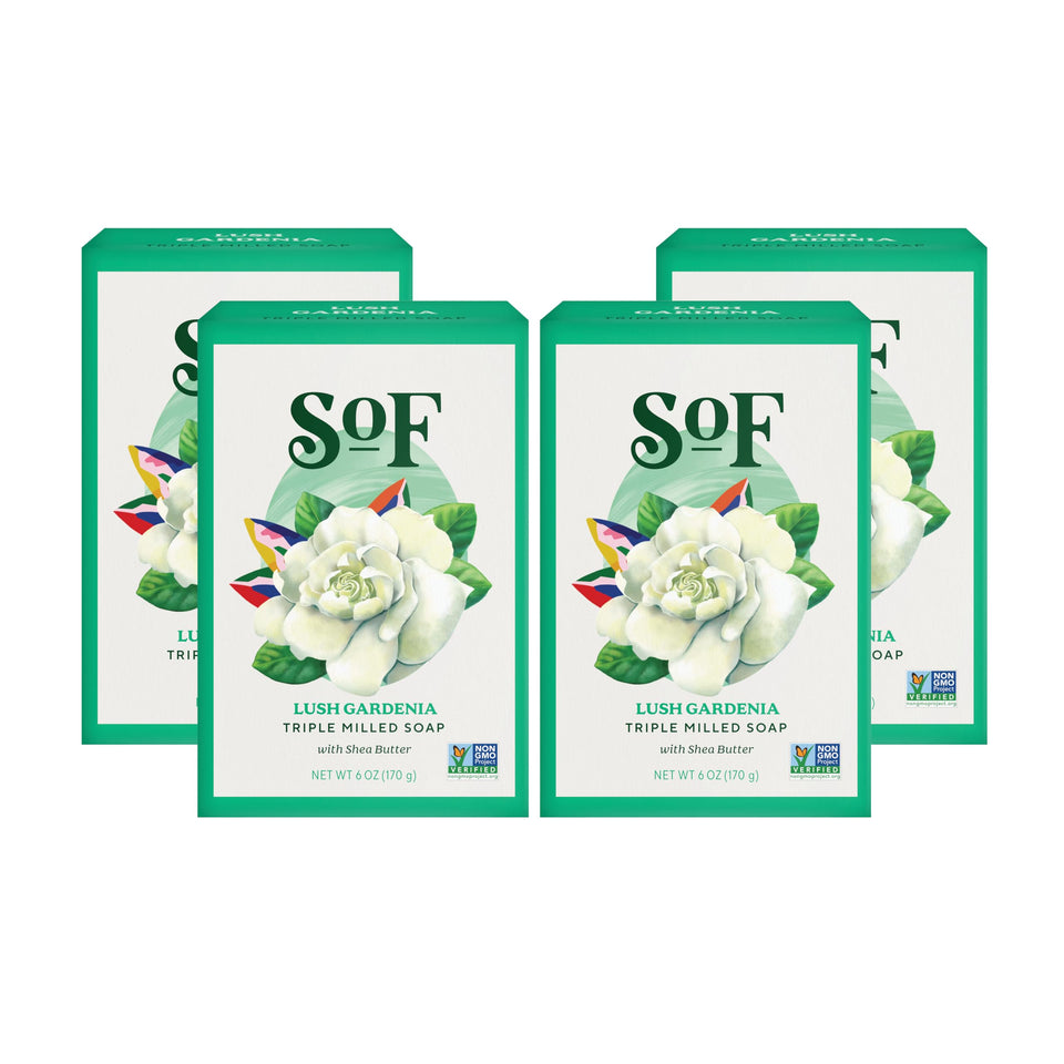 South Of France front packaging showing four gardenia bars and brand benefits