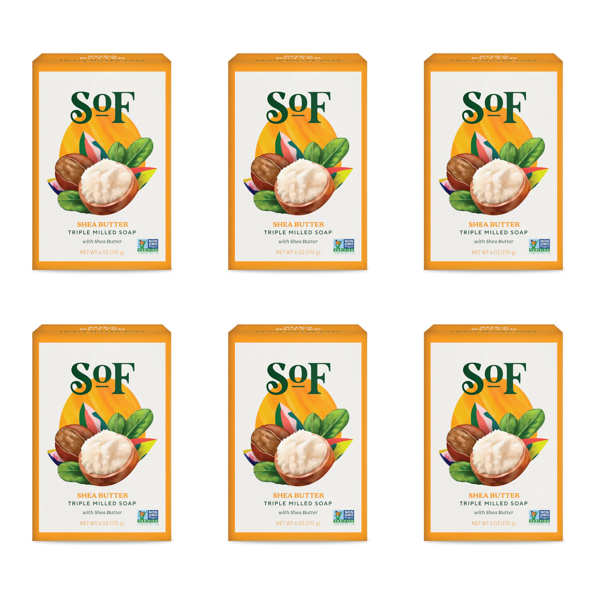 South Of France shea butter bar front packaging showing six bars and brand