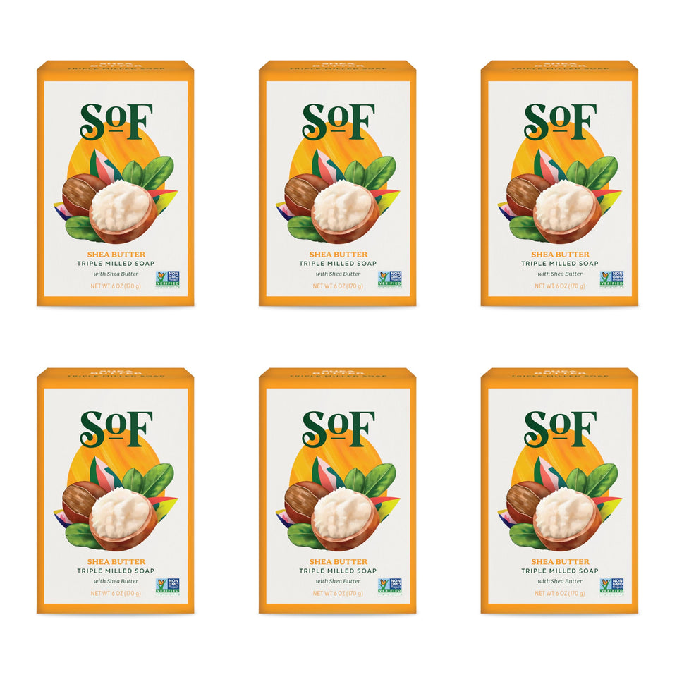 South Of France shea butter bar front packaging showing six bars and brand