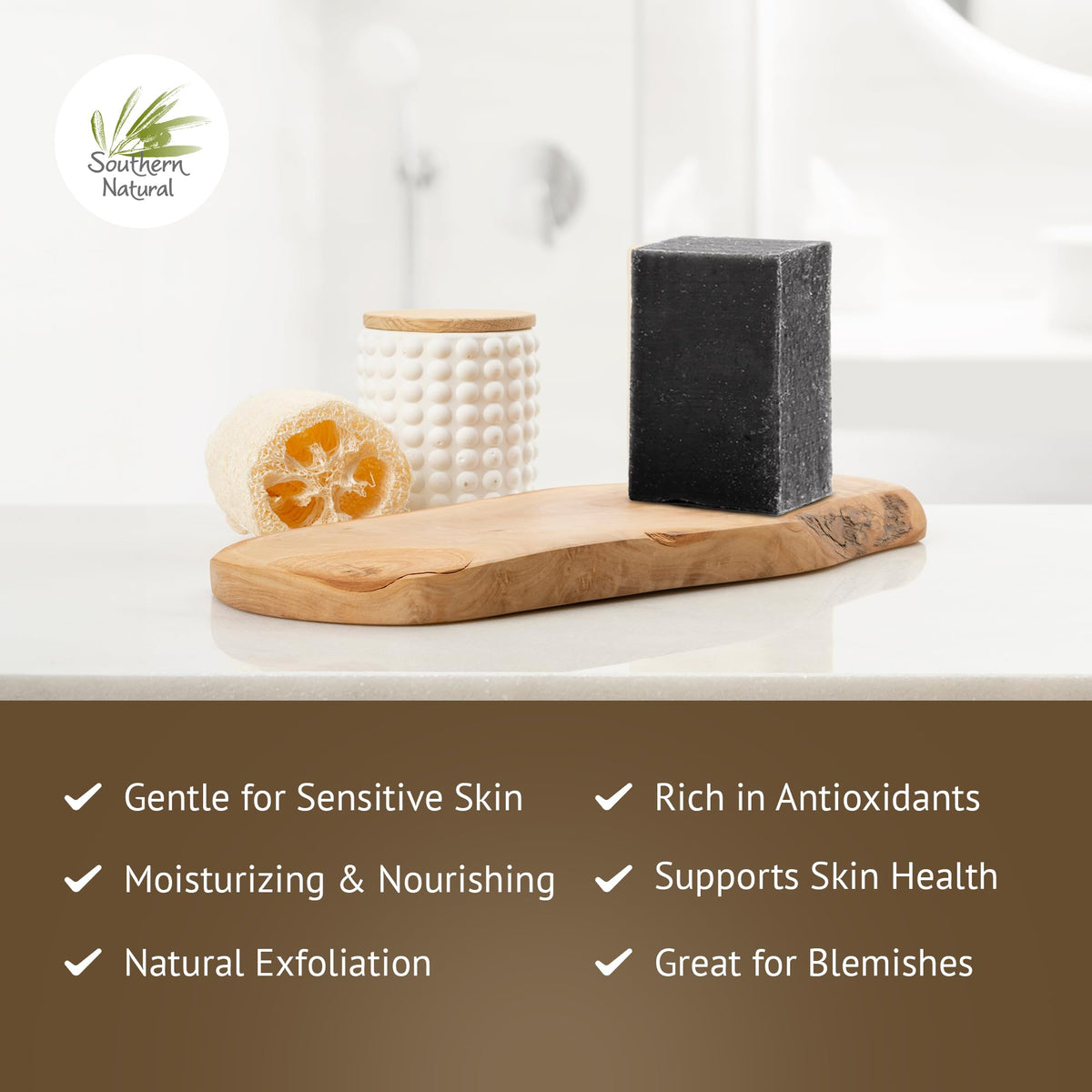 Southern Natural soap on bathroom shelf lifestyle image conveying daily use convenience