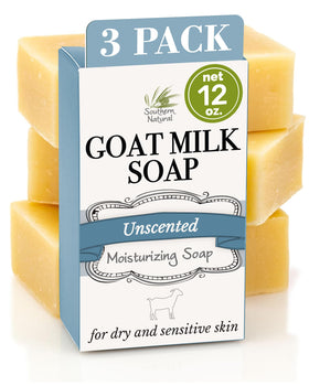 Southern Natural front packaging showing unscented goat milk soap benefits moisturizing