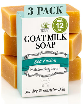 Southern Natural front packaging showing three soap bars and branding benefits