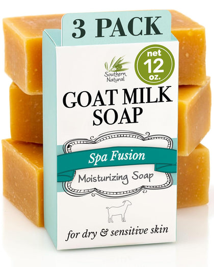 Southern Natural front packaging showing three soap bars and branding benefits