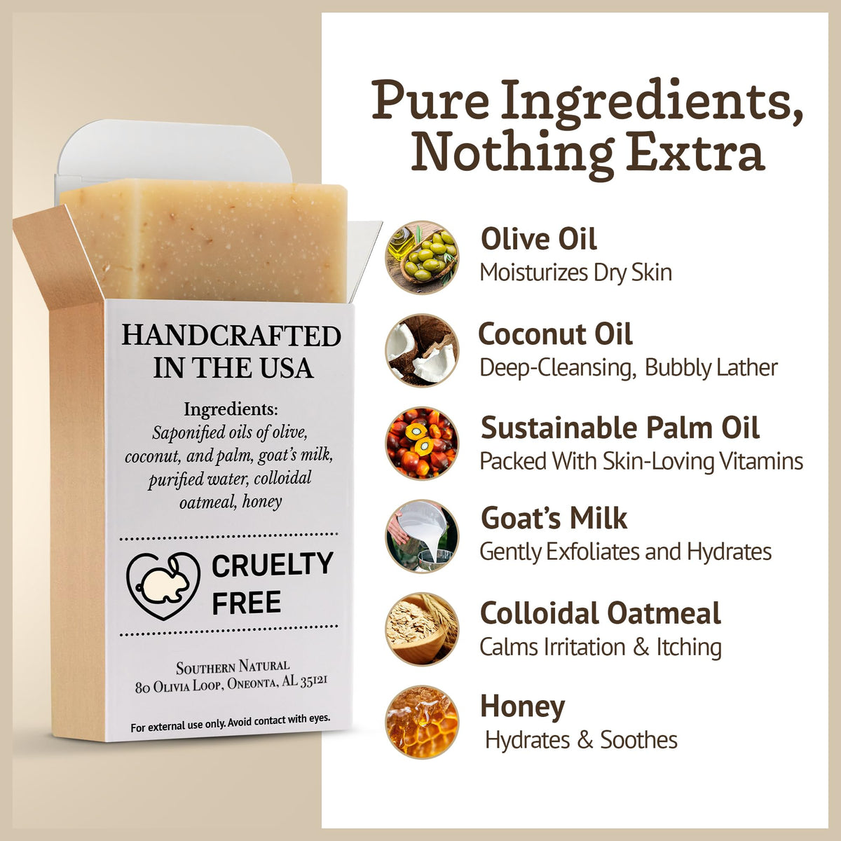 Southern Natural soap lather on hands showing gentle cleansing foam