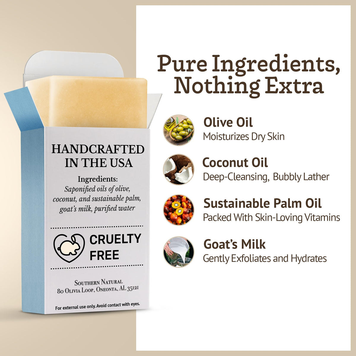 Southern Natural lather on hand demonstrating gentle cleansing benefit