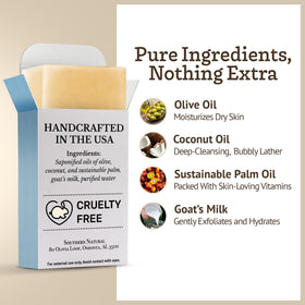 Southern Natural lather on hand demonstrating gentle cleansing benefit