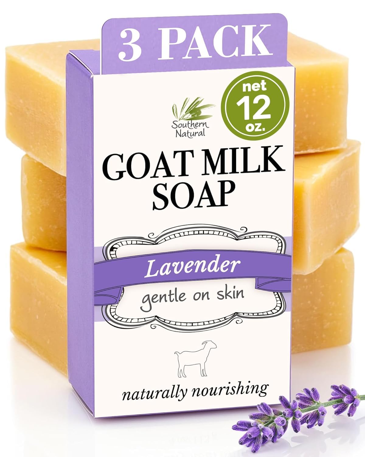 Southern Natural front packaging showing three lavender goat milk soap bars and clear labeling benefits