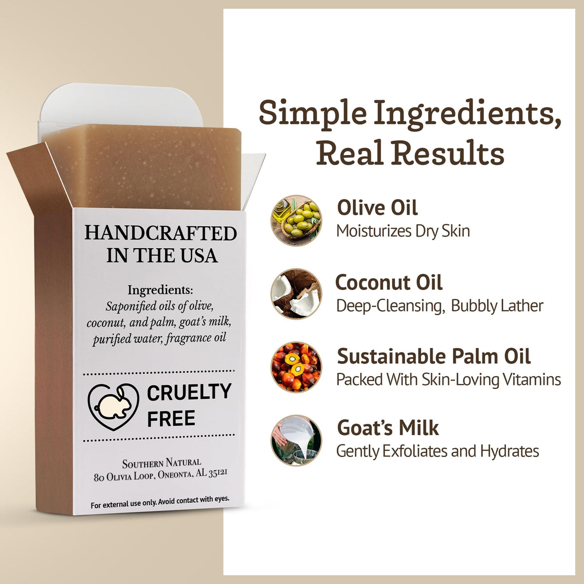 Southern Natural soap lathered in hand demonstrating rich foam and gentle cleansing benefit