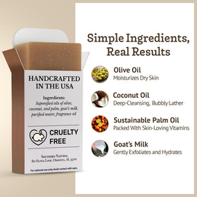 Southern Natural soap lathered in hand demonstrating rich foam and gentle cleansing benefit