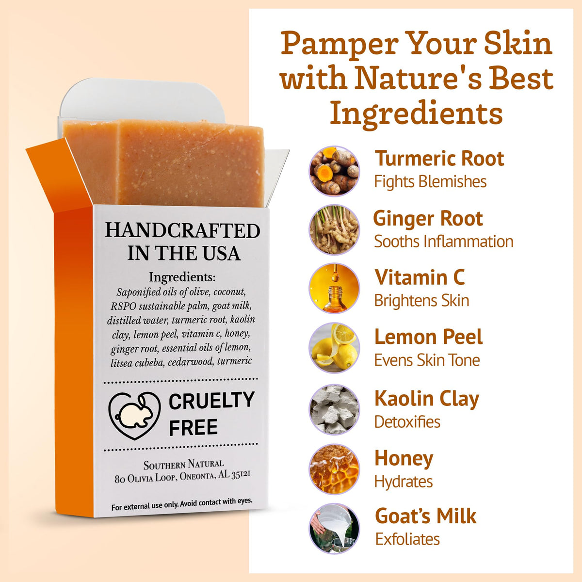 Southern Natural ingredients display with turmeric, honey and lemon