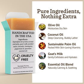 Southern Natural soap lather in hand demonstrating gentle cleansing benefit