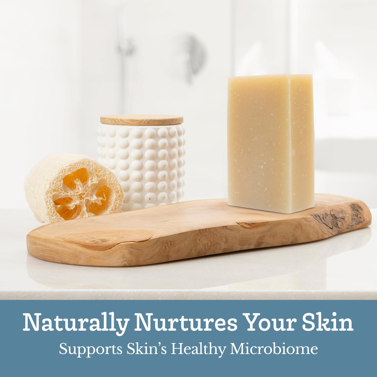 Southern Natural soap resting on draining dish showing long-lasting bar benefit