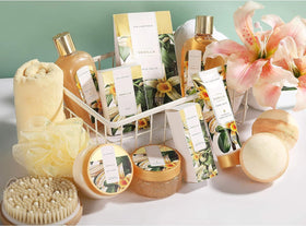 spa luxetique towel body brush and bath puff demonstrating practical tools