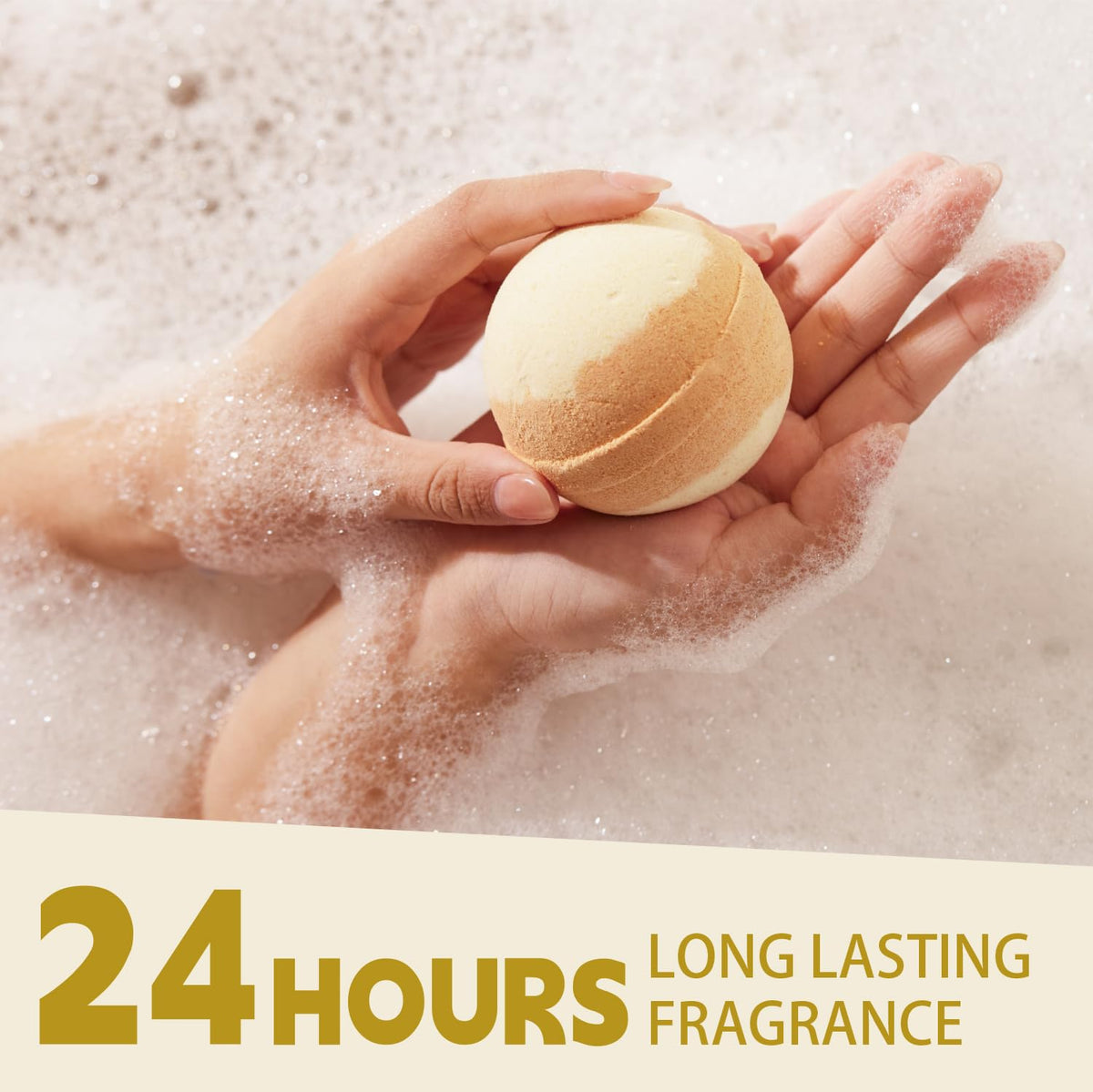 spa luxetique bath bombs in hand demonstrating size and relaxing vanilla fragrance