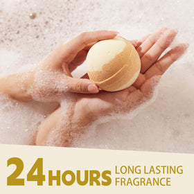spa luxetique bath bombs in hand demonstrating size and relaxing vanilla fragrance