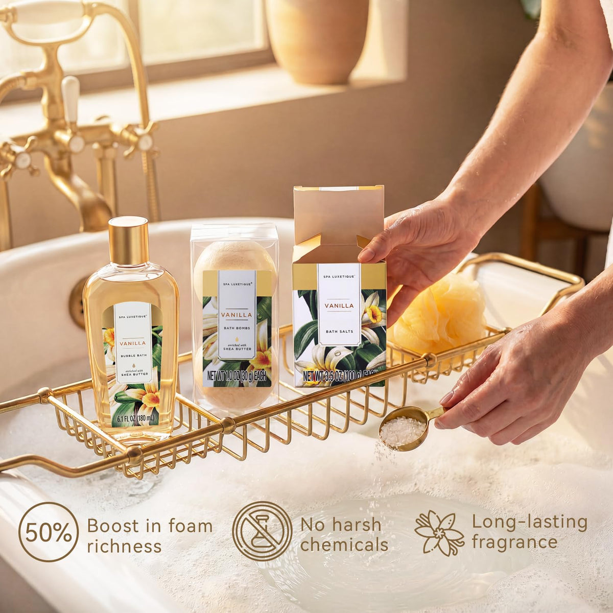 spa luxetique product labels and ingredient list showing nourishing formulation details