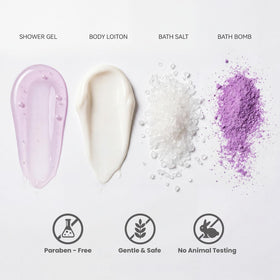 spa luxetique bubble bath bottle with foam to show rich lather and relaxing soak