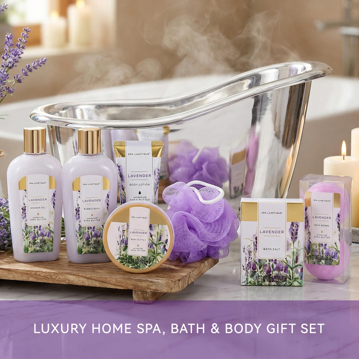 spa luxetique bubble bath being poured into tub offering long-lasting foam benefit