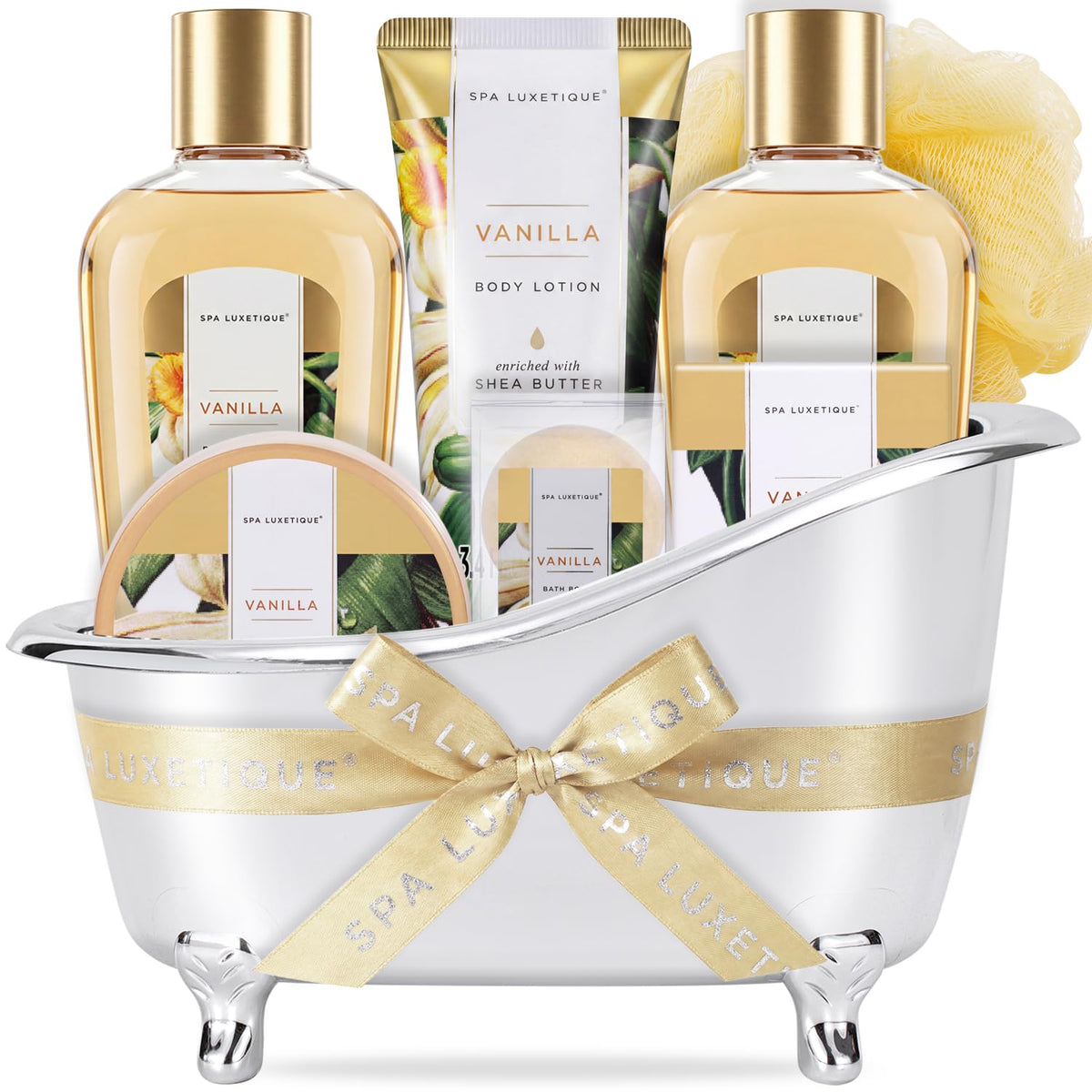 spa luxetique front packaging showing full vanilla spa basket and gift appeal