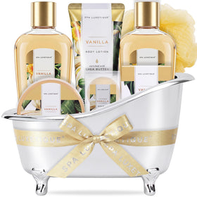 spa luxetique front packaging showing full vanilla spa basket and gift appeal